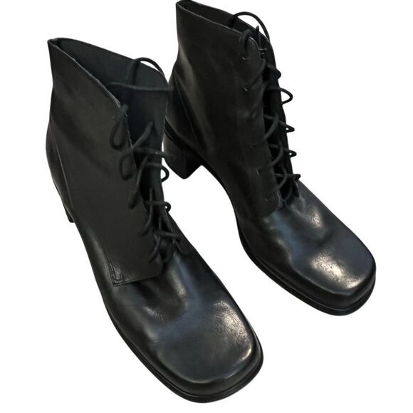 Vintage 90s Y2K Black Leather Square Toe Lace Up Ankle Boots 8.5 Whimsigoth - Picture 5 of 15